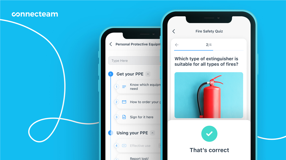 Un graphique montrant des exemples de la fonctionnalité de formation et d'intégration de Connecteam avec un cours sur les EPI et un quiz sur la sécurité incendie.