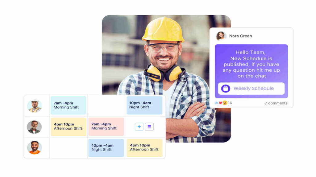 Situs Connecteam, menampilkan foto seorang pria bertopi keras berwarna kuning dan kacamata pelindung bening, sedang tersenyum. Ini juga menampilkan grafik jadwal karyawan dan pesan kepada karyawan tentang jadwal mingguan baru.