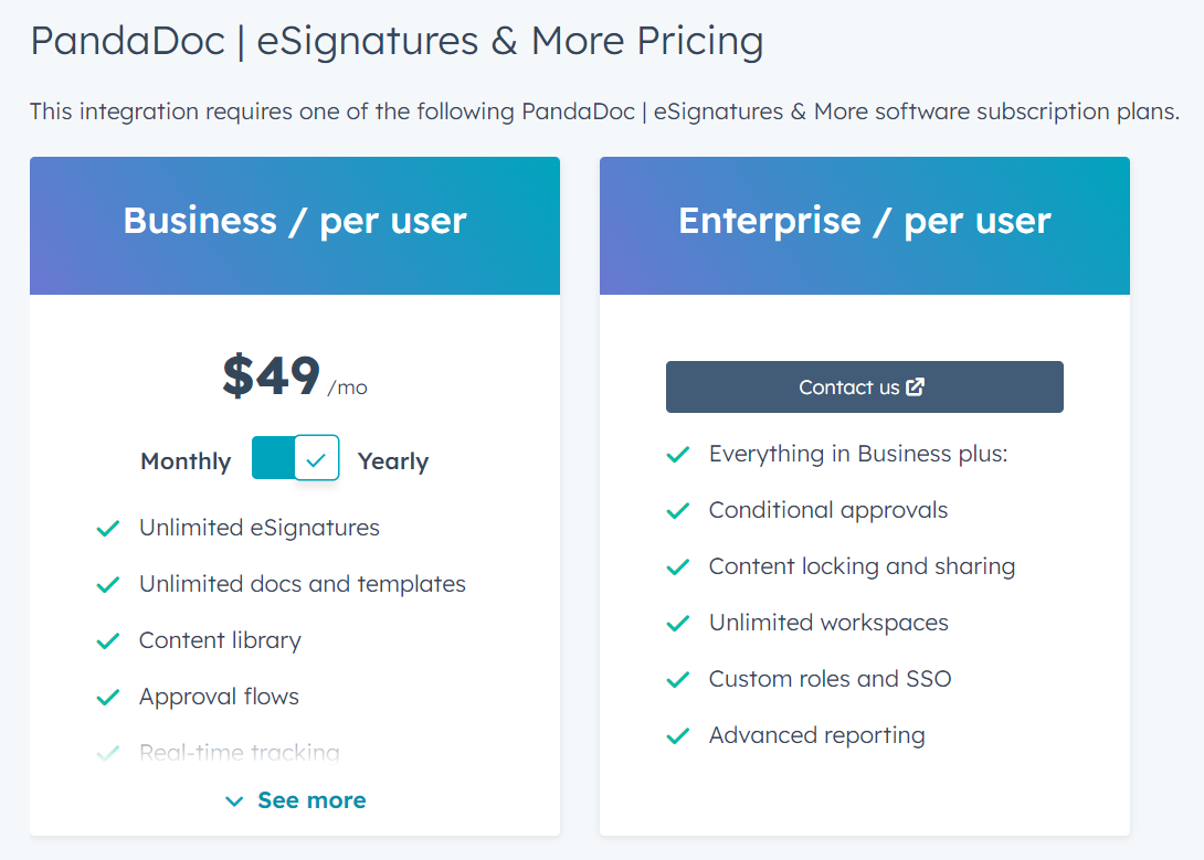 HubSpot propose des tarifs Business et Enterprise pour son intégration PandaDoc.