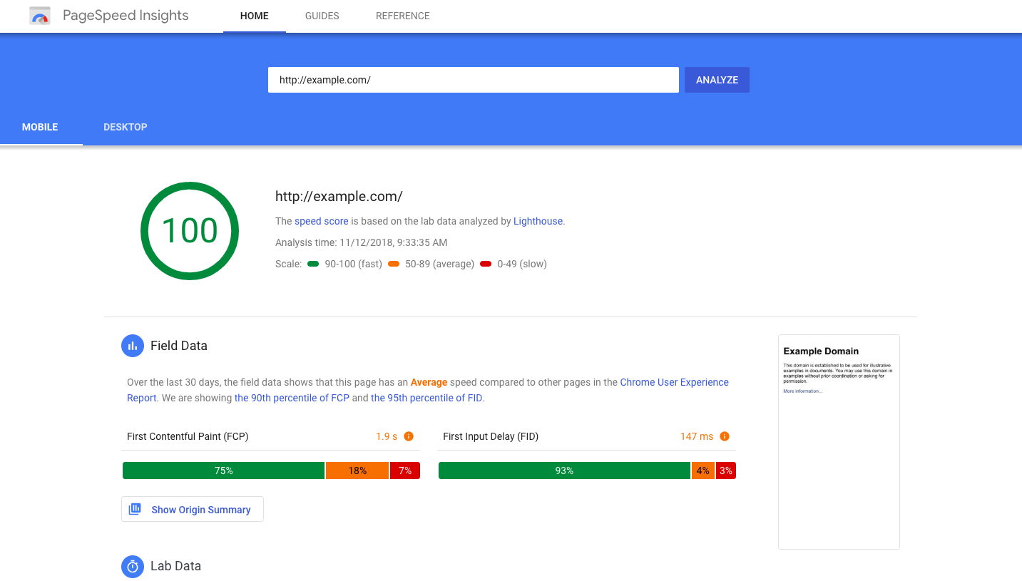 Uma captura de tela dos resultados do Page Speed ​​Insights