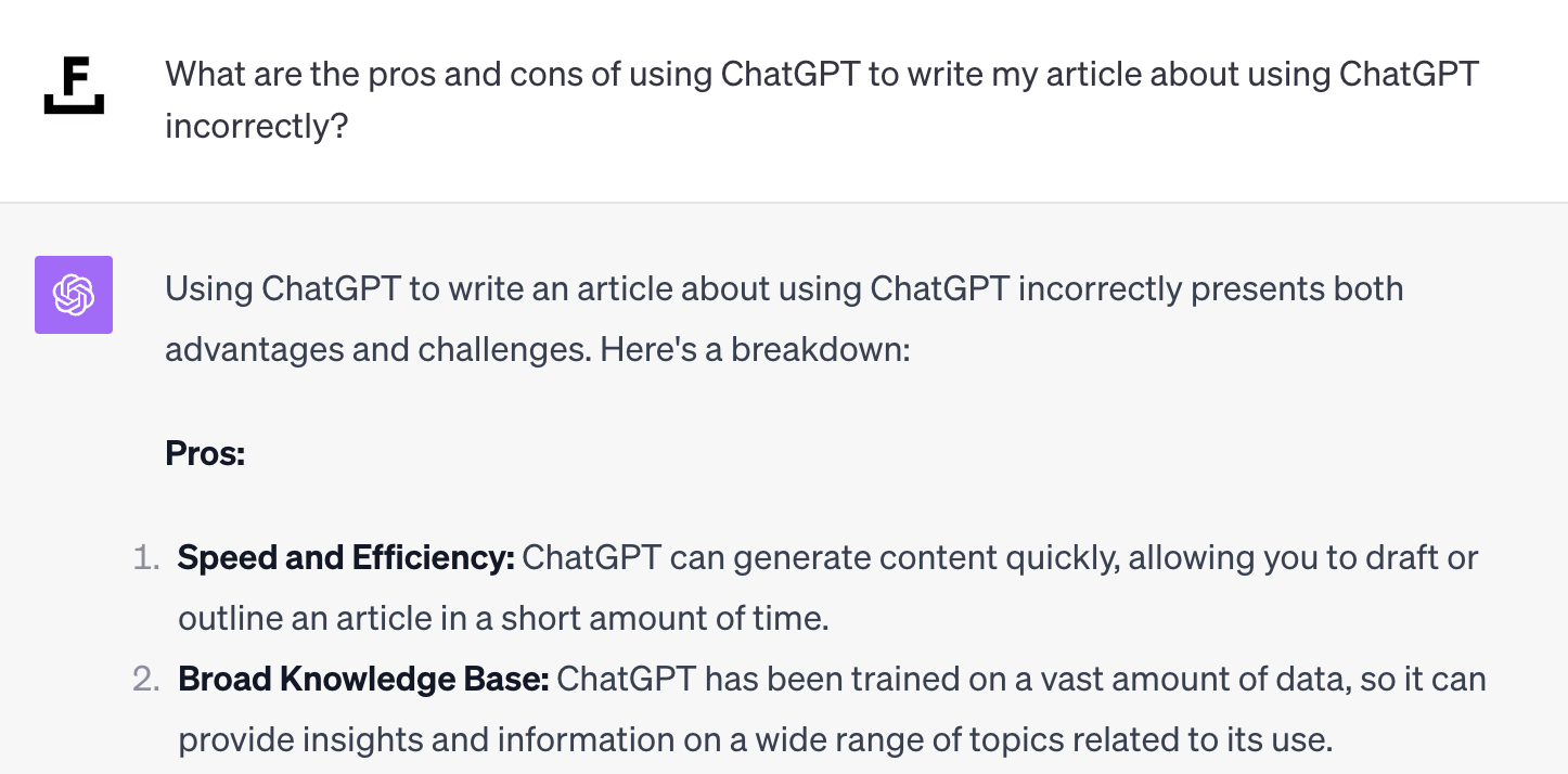 ChatGPT の使用の長所と短所を示す ChatGPT のスクリーンショット