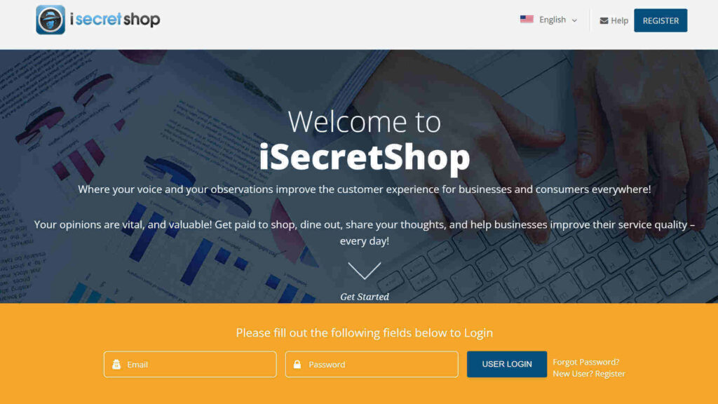 صفحة iSecretShop الرئيسية مع النص، "حيث يعمل صوتك وملاحظاتك على تحسين تجربة العملاء للشركات والمستهلكين في كل مكان!"