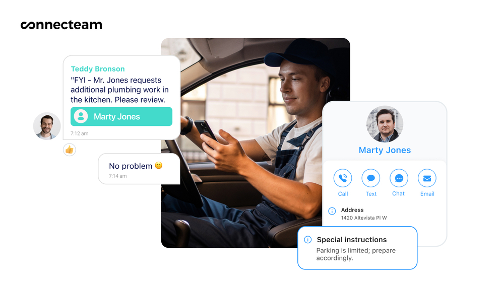 Составное изображение, на котором сотрудник выездного обслуживания получает обновления о своем задании в своем приложении Connecteam.