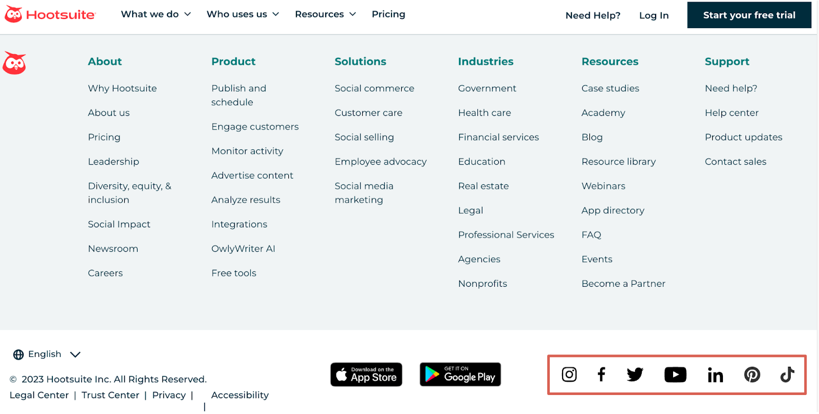 Exemplo de links de informações de contato nos links de rodapé de um site