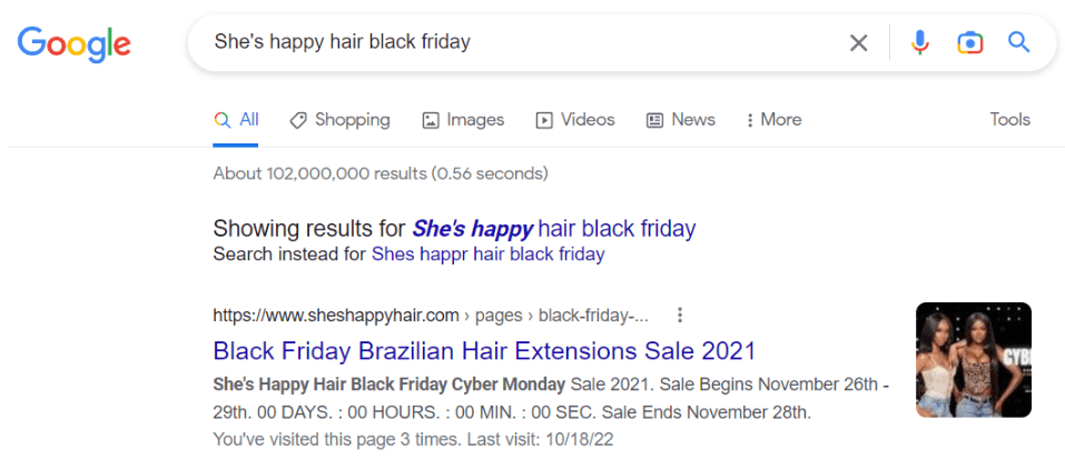 She's Happy Hair Black Friday SERP de Google