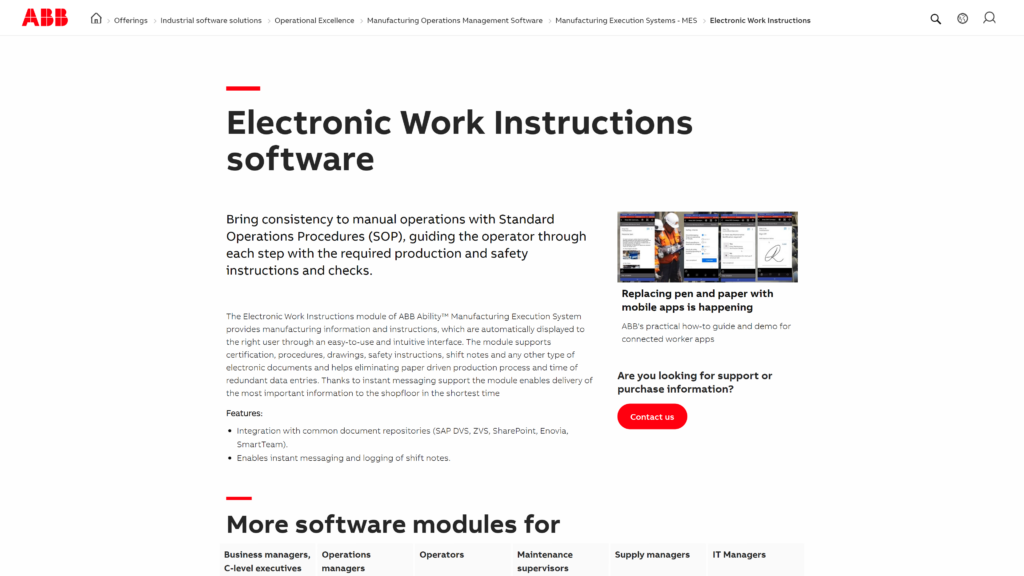 O captură de ecran a unei pagini web ABB Electronic Work Instructions care descrie caracteristicile și beneficiile software-ului.