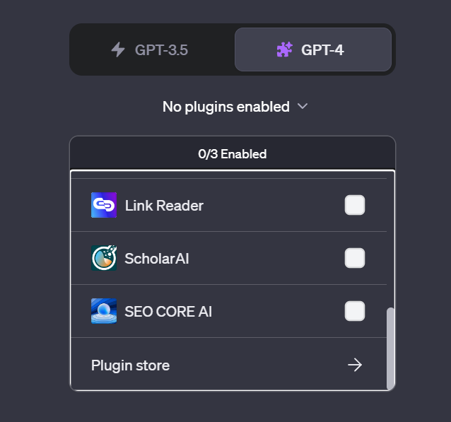 Bewegen Sie den Mauszeiger über die Registerkarte „Keine Plugins aktiviert“, um den Link zum ChatGPT-Plugin-Store anzuzeigen.