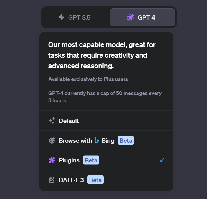 No GPT4, você tem a opção de usar o Browse com BIng, Dall-E 3 ou plug-ins de terceiros