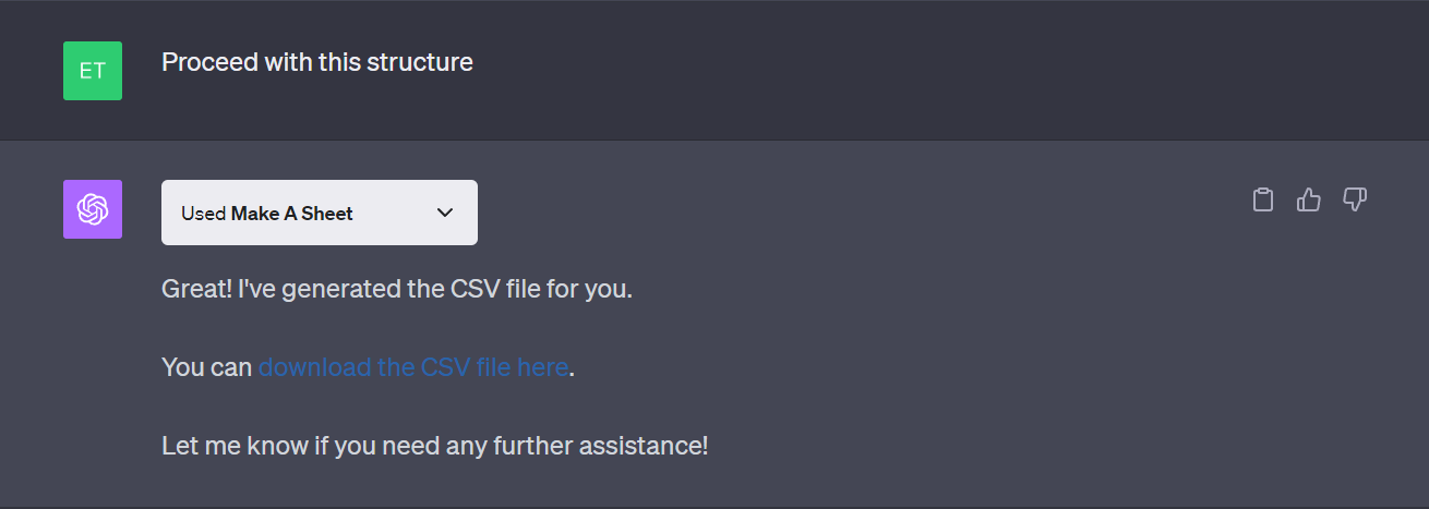 製作工作表 ChatGPT 外掛程式會建立一個 CSV 文件，您可以將其上傳到表格或 Excel。