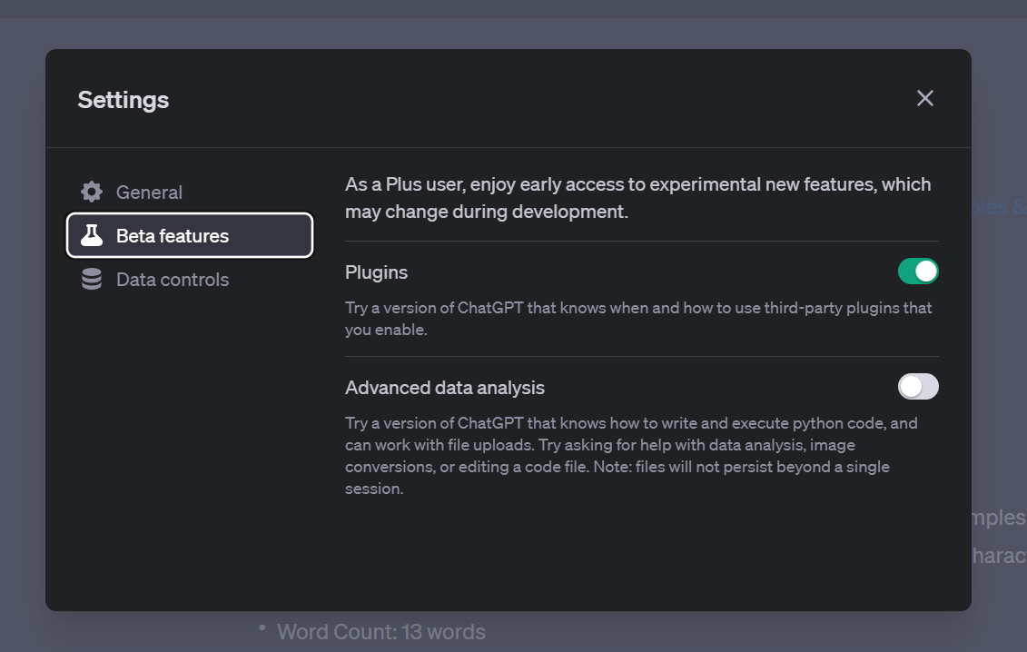 Para habilitar os plug-ins do ChatGPT, você acessa os recursos Beta e clica no botão de alternância Plug-ins.