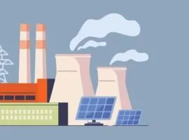 工厂烟雾与太阳能电池板形成鲜明对比的城市景观。它象征着为了可持续发展和气候而进行碳排放管理的必要性。