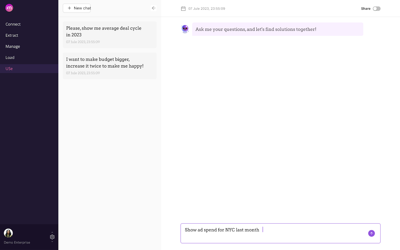 Improvado AI Assistant es una herramienta fácil de usar para obtener respuesta a cualquier pregunta analítica.