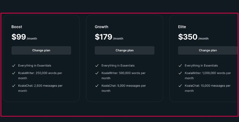 Plano de preços Koala Boost