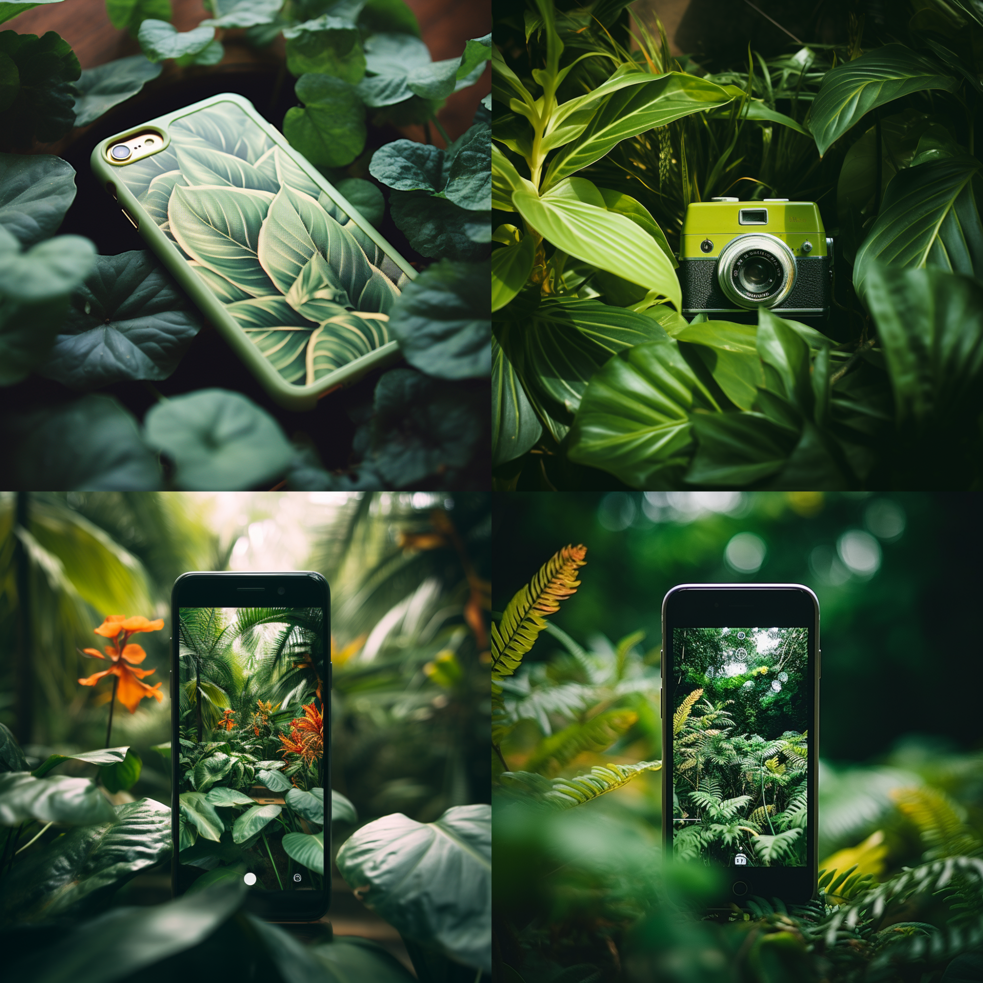 Quatro opções de imagens geradas por Midjourney com base no prompt do paraíso de um amante das plantas