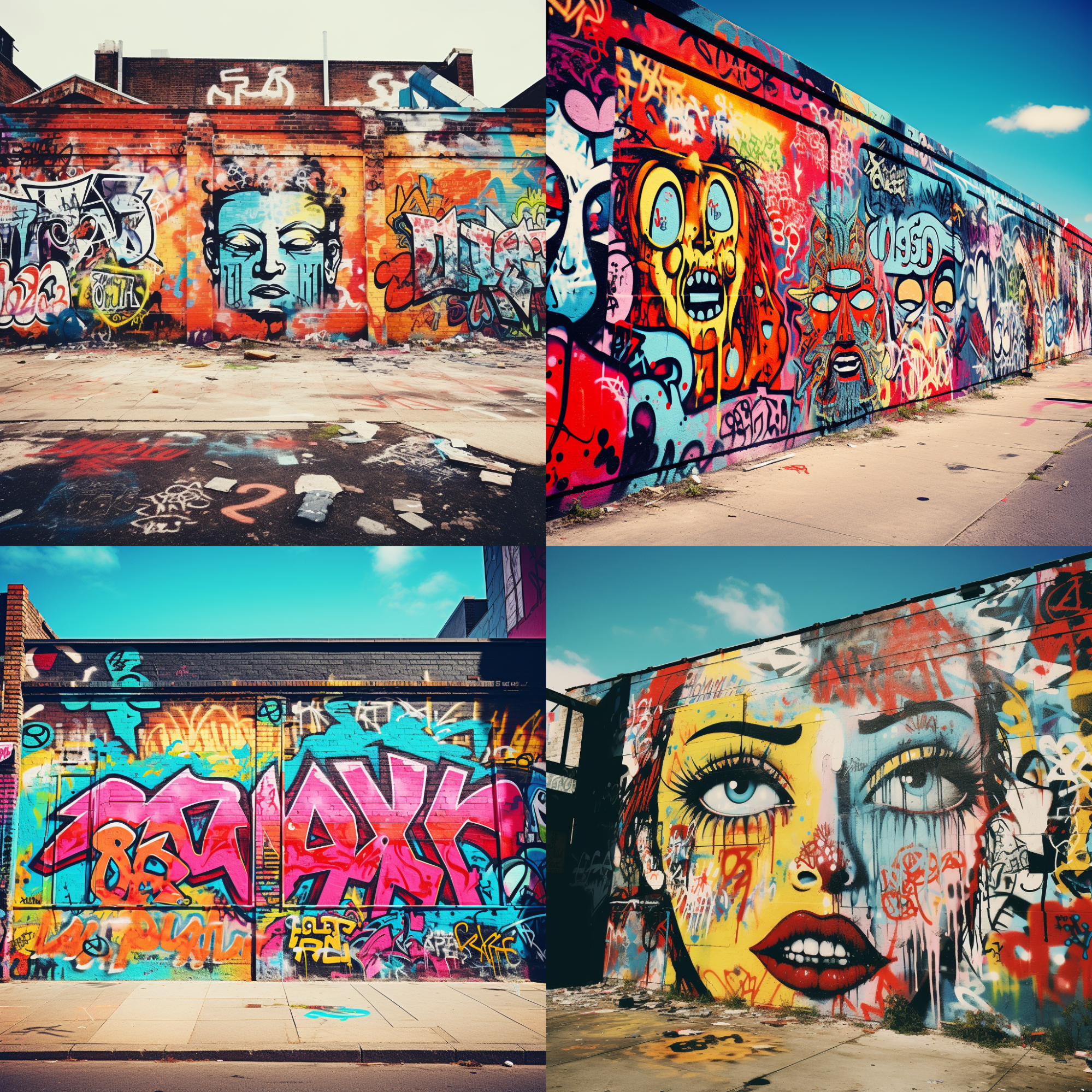 Quatro opções de imagens geradas pelo Midjourney com base em um prompt de graffiti urbano