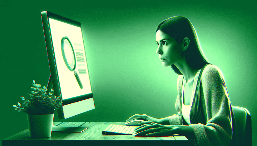 Mujeres sentadas mirando la computadora en un ambiente verde.