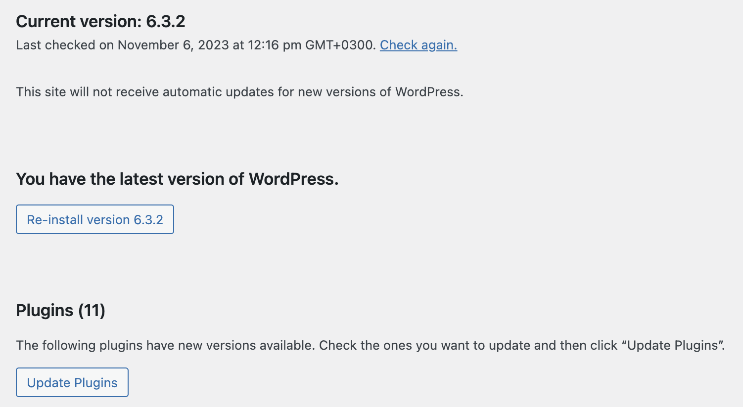 Menu de administração de atualizações principais do WordPress