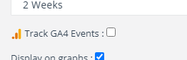Captura de pantalla que muestra la interfaz de SEOTesting con una opción para rastrear eventos GA4, que no está marcada, y una opción separada para mostrar en gráficos, marcada con una marca azul.