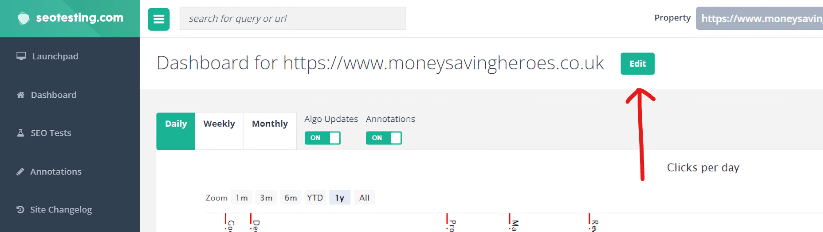 Panel de SEOTesting para money Savingheroes.co.uk con opciones para vistas diarias, semanales y mensuales y conmutadores para actualizaciones y anotaciones de algoritmos, y una flecha roja apunta al botón "Editar".