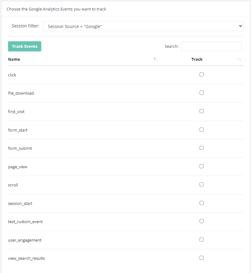 Interfaz de SEOTesting que muestra una lista de eventos de Google Analytics como clic, descarga de archivos y vista de página con casillas de verificación para seleccionar eventos para seguimiento, actualmente todos sin marcar.