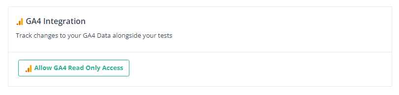 Una captura de pantalla que muestra un módulo de integración GA4 con una descripción y un botón denominado Permitir acceso de solo lectura GA4.