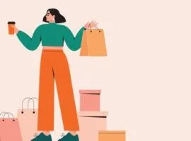 Kobieta stoi trzymająca filiżankę kawy i torbę na zakupy. Wokół jej stóp jest więcej toreb. Zasady zwrotów muszą być łatwe dla konsumentów.