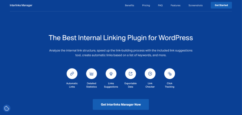 Un encabezado de página web para Interlinks Manager, promocionándolo como el mejor complemento de enlaces internos para WordPress con funciones como enlaces automáticos, estadísticas detalladas y más que se muestran debajo del título.