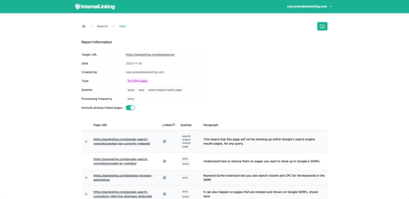 Captura de pantalla de la interfaz InternalLinking que muestra datos que incluyen la URL de destino, la fecha de creación del informe, las consultas y la frecuencia de procesamiento.