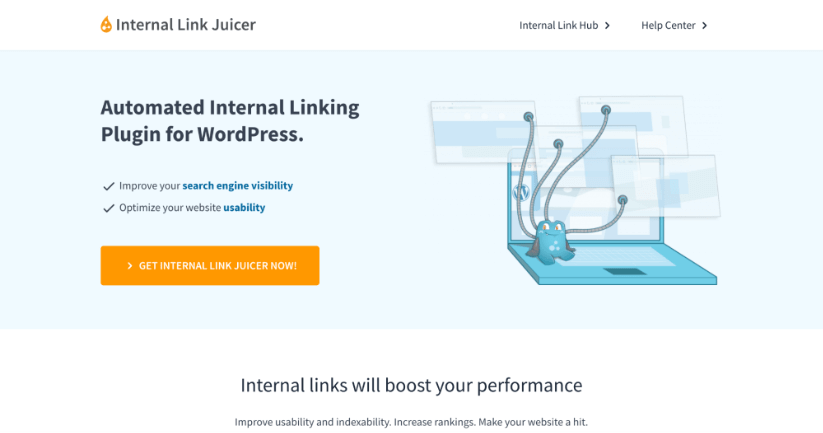 Una captura de pantalla del sitio web Internal Link Juicer que promociona su complemento de enlace automatizado para WordPress, con un personaje de pulpo azul que ilustra el concepto de interconexión.