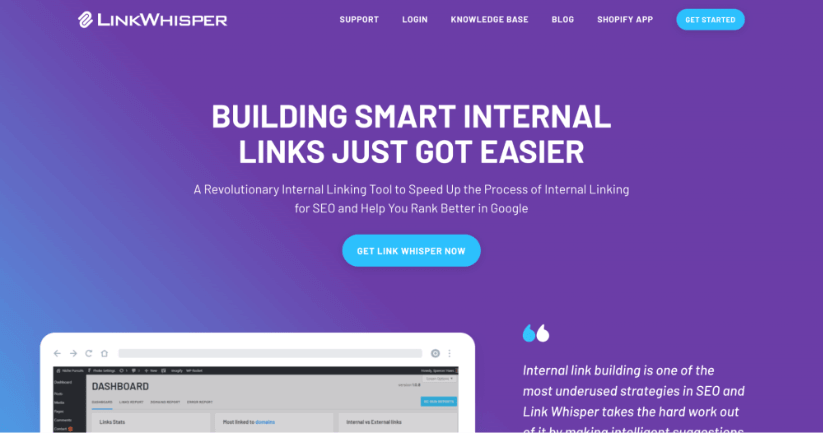 Captura de pantalla de la página de inicio del sitio web LinkWhisper que destaca las características de su herramienta de enlaces internos para mejorar el SEO y simplificar el proceso de creación de enlaces.
