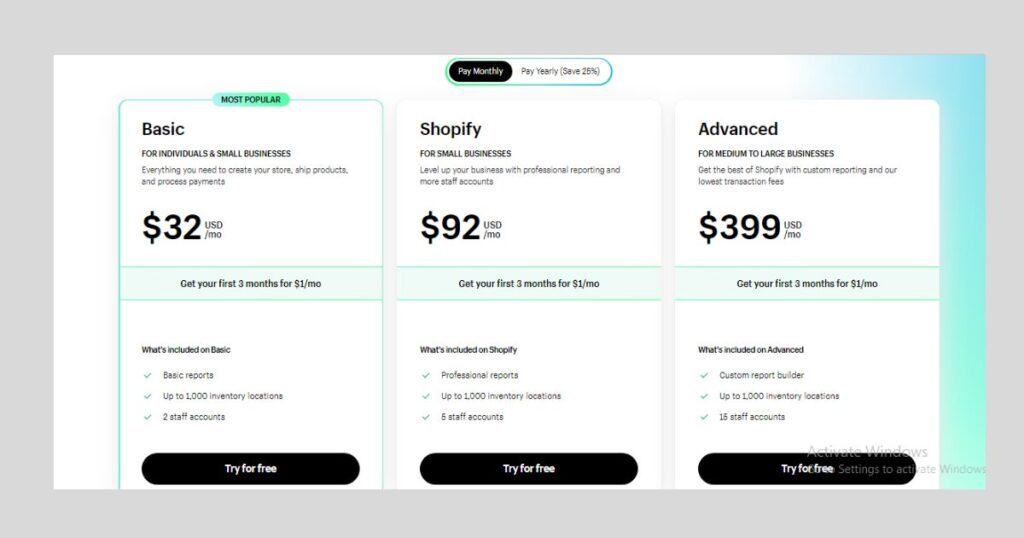 Shopify Fiyatlandırma planı