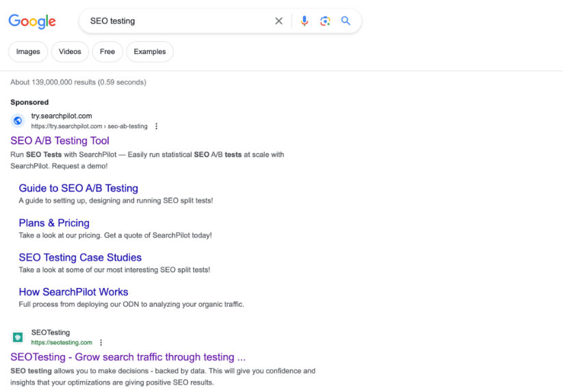 「SEO テスト」というクエリに対する Google 検索結果ページのスクリーンショット。このページにはさまざまな SEO テスト ツールやガイドへのリンクが表示され、一番上の結果は SEO A/B テスト ツールを提供する Web サイトへのスポンサー リンクです。