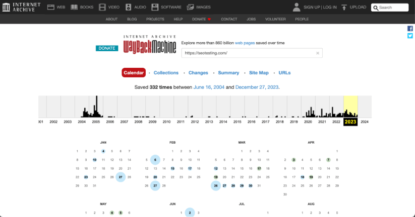 Cronologia Wayback Machine a Internet Archive pentru „seotesting.com”, afișând instantanee salvate de 332 de ori din 16 iunie 2004 până în 27 decembrie 2023, cu un grafic de activitate care afișează frecvența captărilor.