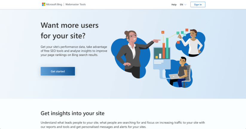 Pagina de pornire a Microsoft Bing Webmaster Tools cu un antet care întreabă „Doriți mai mulți utilizatori pentru site-ul dvs.?”. Conține ilustrații ale oamenilor care analizează datele și un buton pentru a începe cu instrumentele SEO pentru a îmbunătăți clasarea site-ului pe Bing.