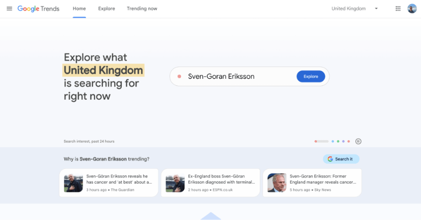 Pagina principală Google Trends s-a concentrat pe articolele de știri recente din Regatul Unit legate de Sven-Goran Eriksson.