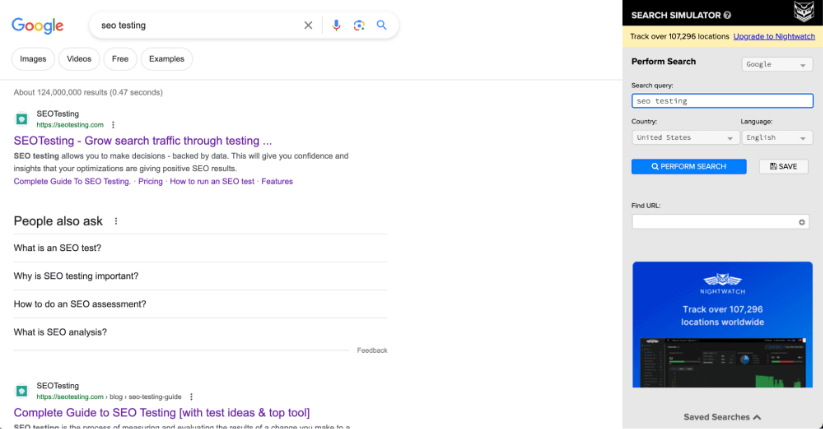 O pagină cu rezultatele căutării Google pentru „testare seo” cu listări pentru SEOTesting.com. În partea dreaptă este interfața Simulatorului de căutare Nightwatch care arată opțiuni pentru a urmări locațiile din întreaga lume și un câmp pentru a efectua o căutare.