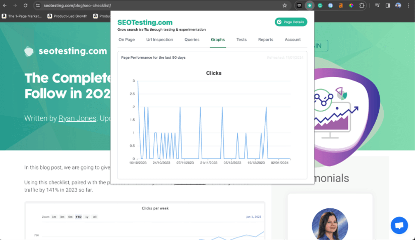 O postare pe blog pe SEOTesting.com intitulată „Lista de verificare SEO completă de urmat în 2023”. O bară laterală din extensia SEOTesting Chrome se suprapune pe pagină, afișând un grafic al clicurilor pe pagină din ultimele 90 de zile.