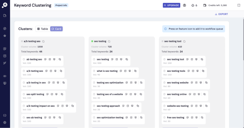 Ferramenta de agrupamento de palavras-chave mostrando clusters relacionados a testes de SEO com detalhes de volume e contagem de palavras-chave em um layout de cartão.