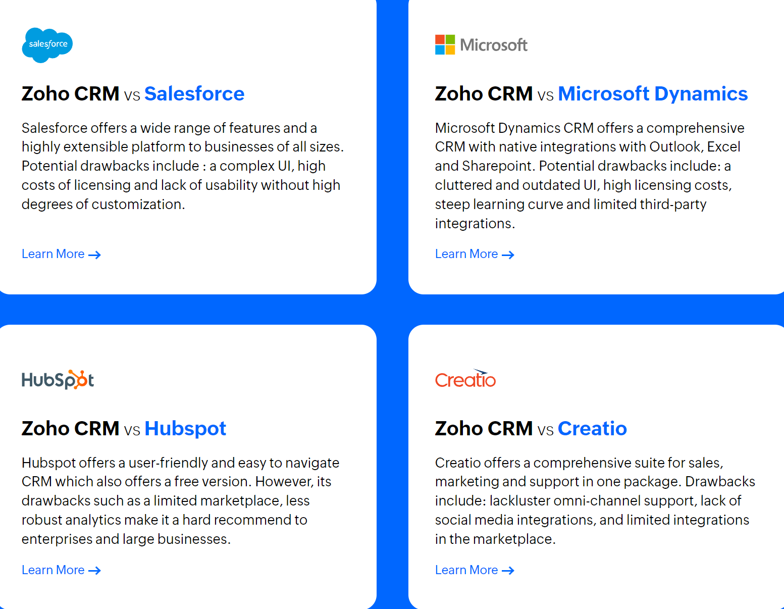 Zoho, yalnızca Microsoft Dynamics, Salesforce ve HubSpot gibi en iyi CRM rakipleri için sayfalar oluşturarak karşılaştırma sayfalarına hedefli bir yaklaşım benimsiyor