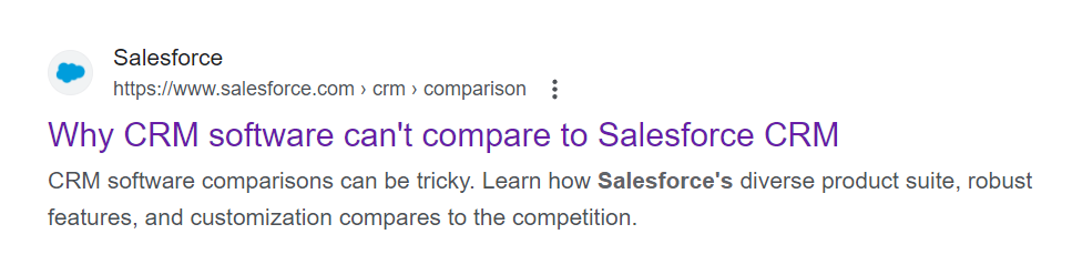 Salesforce, karşılaştırma sayfasının meta başlığında "CRM yazılımı neden Salesforce CRM ile karşılaştırılamaz" diyerek reklam niteliğinde bir yaklaşım benimsiyor.