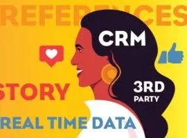 ilustrasi dengan profil wanita berambut gelap yang dikelilingi istilah mengambang seperti data real-time, mewakili penjualan kontekstual.
