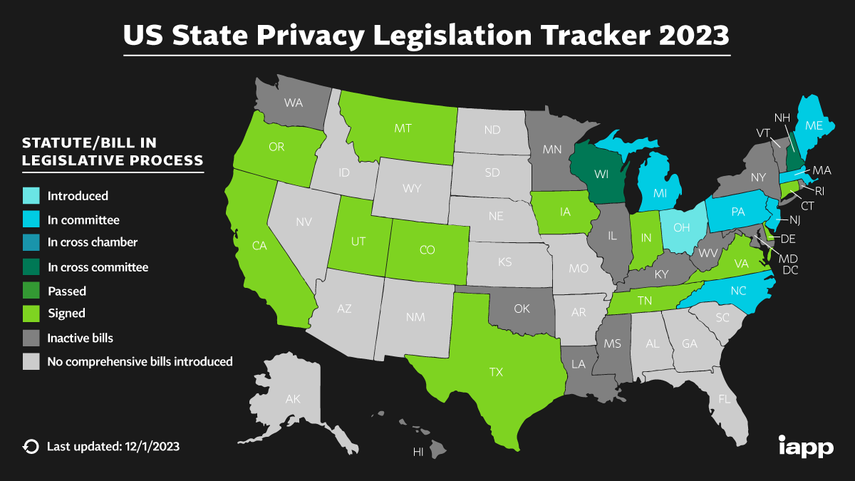 Карта, показывающая прогресс в законодательстве о конфиденциальности на уровне штата