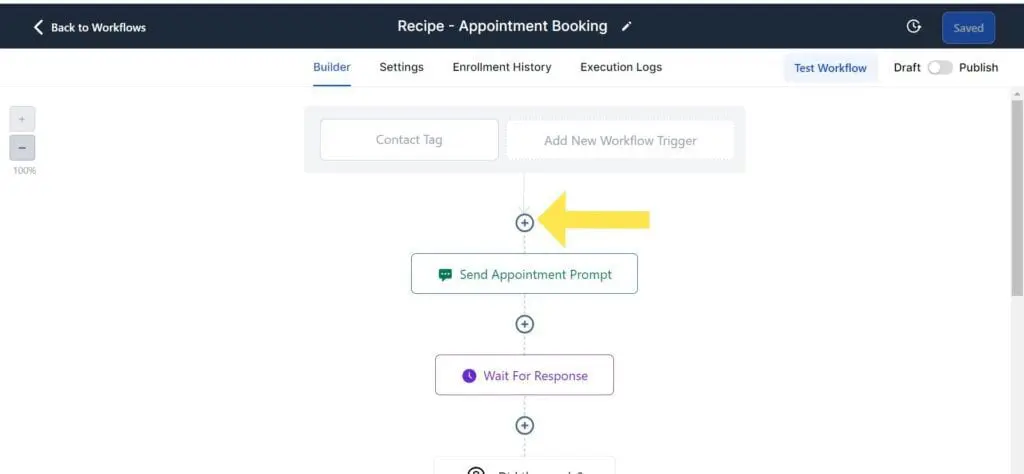 เพิ่มการดำเนินการเวิร์กโฟลว์ในตัวสร้างเวิร์กโฟลว์ Gohighlevel โดยคลิกที่ไอคอน "+" - วิธีสร้างเวิร์กโฟลว์ Gohighlevel ด้วยสูตรอาหาร