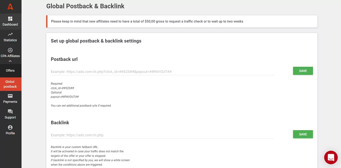 Configurazione globale del postback e del backlink