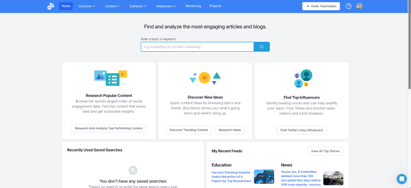หน้าแรกของ BuzzSumo นำเสนอฟีเจอร์สำหรับการค้นคว้าเนื้อหายอดนิยม ค้นพบแนวคิดใหม่ๆ และค้นหาผู้มีอิทธิพลอันดับต้นๆ ด้วยแถบค้นหาเพื่อป้อนหัวข้อหรือคำหลัก