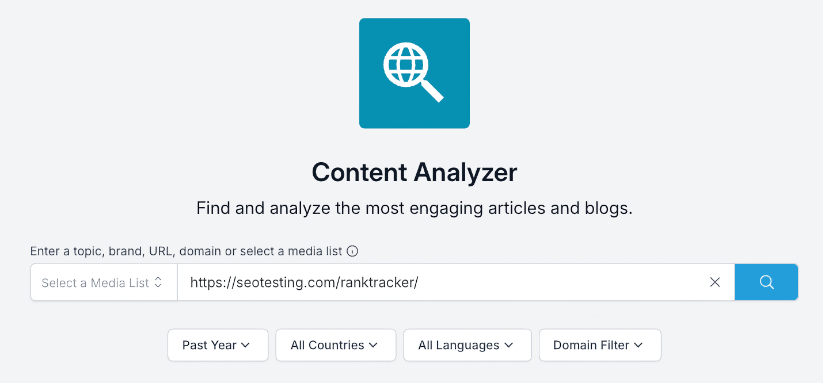 แถบค้นหา BuzzSumo Content Analyzer ที่ป้อน 'https://seotesting.com/ranktracker/' เพื่อค้นหาและวิเคราะห์บทความและบล็อกที่น่าสนใจ