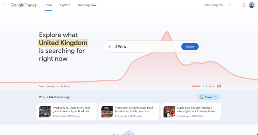 Page d'accueil de Google Trends présentant les tendances de recherche actuelles au Royaume-Uni, avec les « 49ers » comme sujet tendance.
