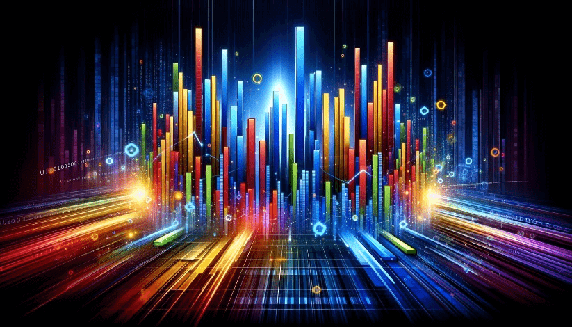 Illustration numérique dynamique de l'analyse de données avec des barres et des lignes colorées représentant le flux d'informations