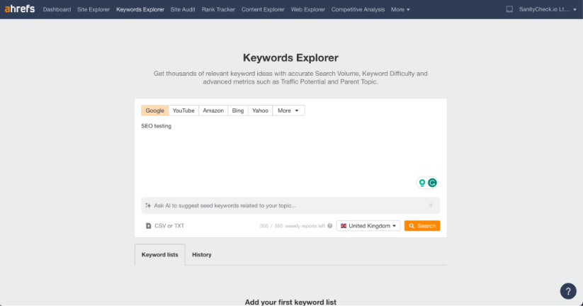 Interface de l'outil Ahrefs Keywords Explorer avec « tests SEO » saisis dans le champ de recherche