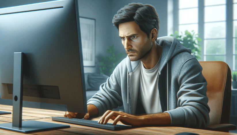 Ilustração de um homem focado intensamente no trabalho em seu computador em um escritório doméstico bem iluminado.